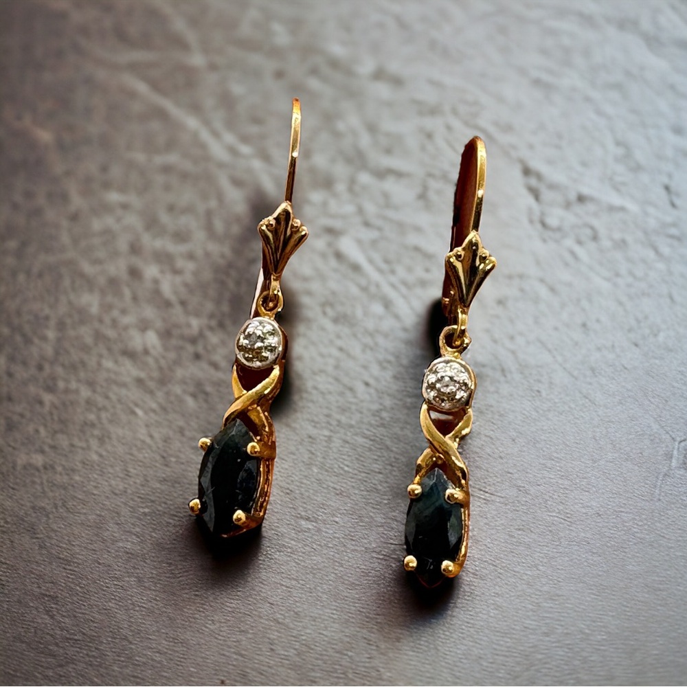 18K Yellow Gold over Sterling Silver Sapphire Earrings Dangle Lever Back Blue